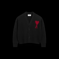 Cardigan AMI Paris laine mérinos feutrée noir cœur rouge