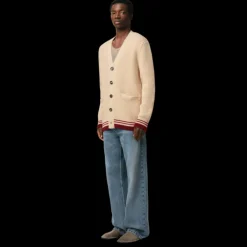 Cardigan AMI Paris laine vierge côtes collège beige bande rouge patch cœur dos