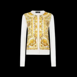 Cardigan boutons DOLCE & GABBANA col rond soie blanc imprimé majolique jaune