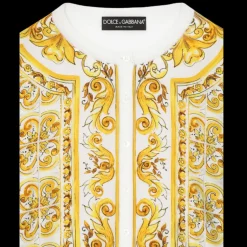 Cardigan boutons DOLCE & GABBANA col rond soie blanc imprimé majolique jaune