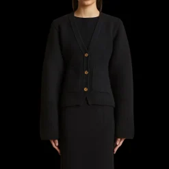 Cardigan boutons KHAITE Scarlett cachemire noir poches plaquées
