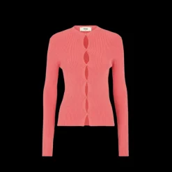 Cardigan FENDI manches longues coton côtelé rose pressions découpe
