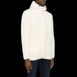 Cardigan HERNO capuche bi matière nylon doudoune laine vierge écrue