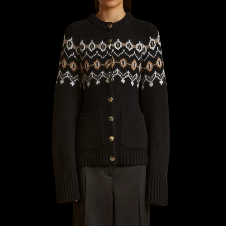 Cardigan KHAITE Suzette boutons cachemire noir motif camel blanc