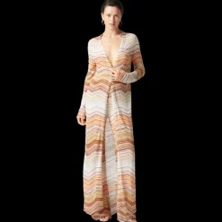 Cardigan long MISSONI ceinture viscose lamé chevrons sequins dentelle orange