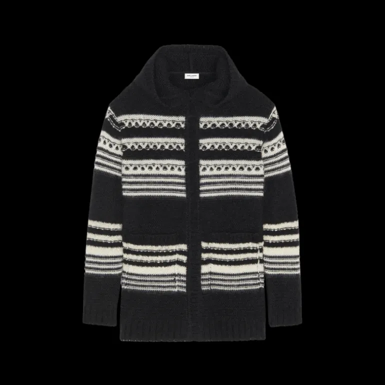 Cardigan long SAINT LAURENT Gilet BAJA capuche Mohair rayures noir blanc