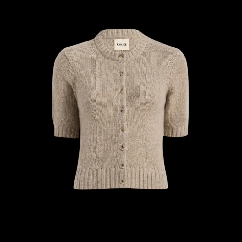 Cardigan manche courte KHAITE Nora boutons col rond cachemire beige