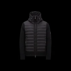 Cardigan MONCLER matelassé bi matière laine nylon noir poche manche