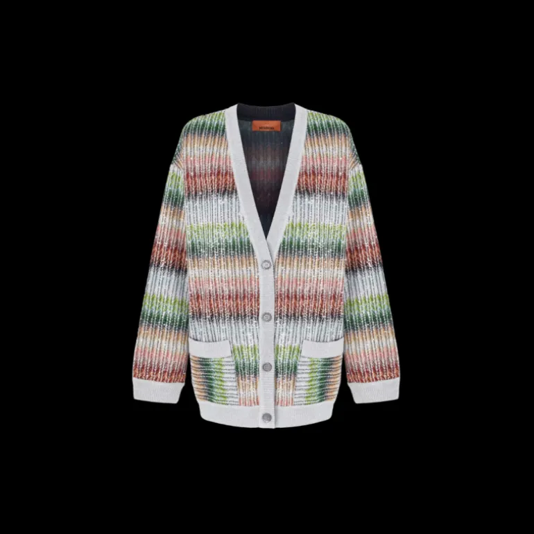 Cardigan oversize MISSONI col V viscose argent zigzag vert orange sequins