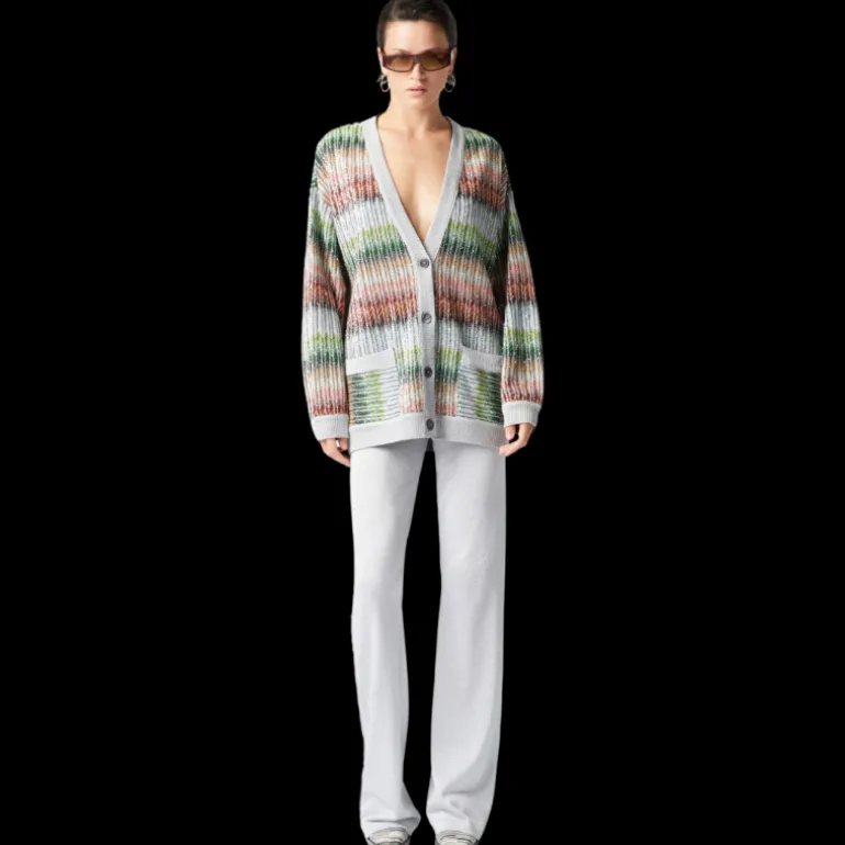 Cardigan oversize MISSONI col V viscose argent zigzag vert orange sequins
