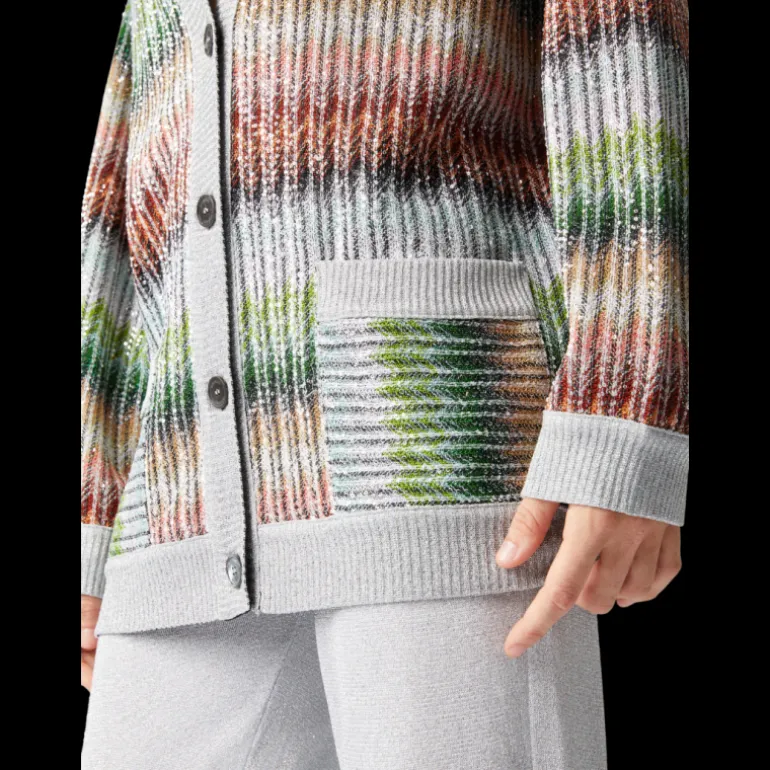 Cardigan oversize MISSONI col V viscose argent zigzag vert orange sequins