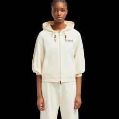 Cardigan sweat zippé MONCLER coton écru manche ballon courte capuche logo