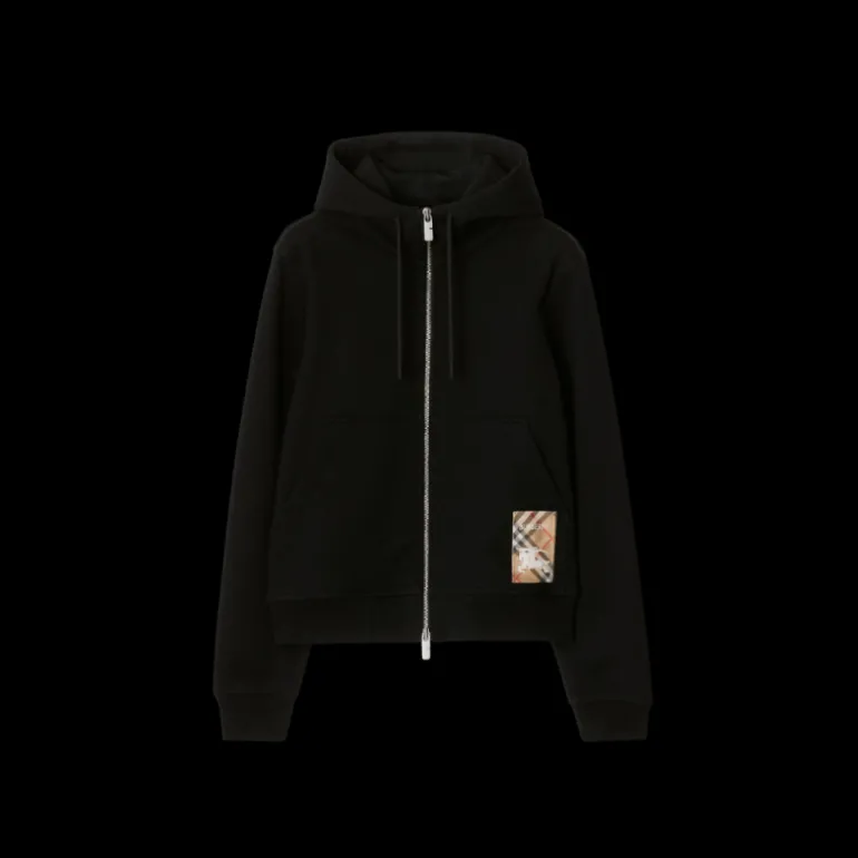 Cardigan zippé à capuche BURBERRY coton noir patch étiquette check beige