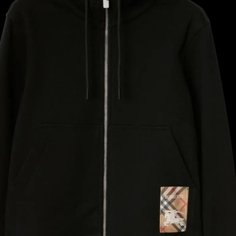 Cardigan zippé à capuche BURBERRY coton noir patch étiquette check beige