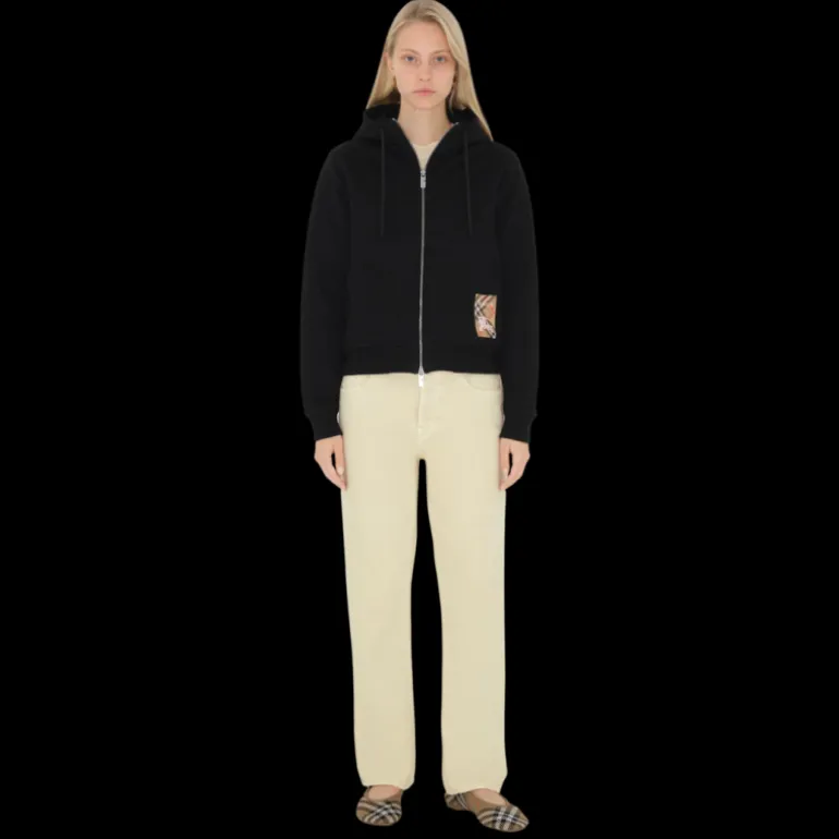 Cardigan zippé à capuche BURBERRY coton noir patch étiquette check beige