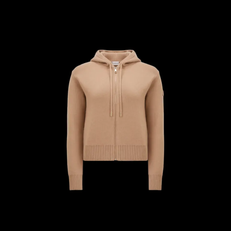 Cardigan zippé à capuche MONCLER en laine et cachemire camel