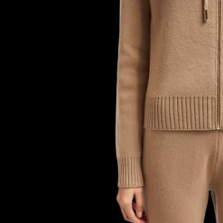 Cardigan zippé à capuche MONCLER en laine et cachemire camel