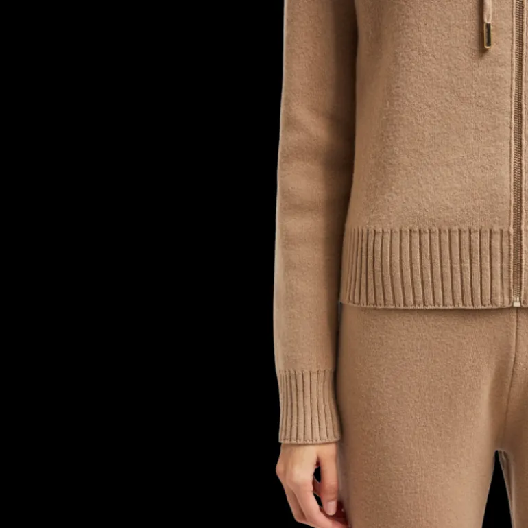 Cardigan zippé à capuche MONCLER en laine et cachemire camel