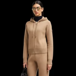 Cardigan zippé à capuche MONCLER en laine et cachemire camel