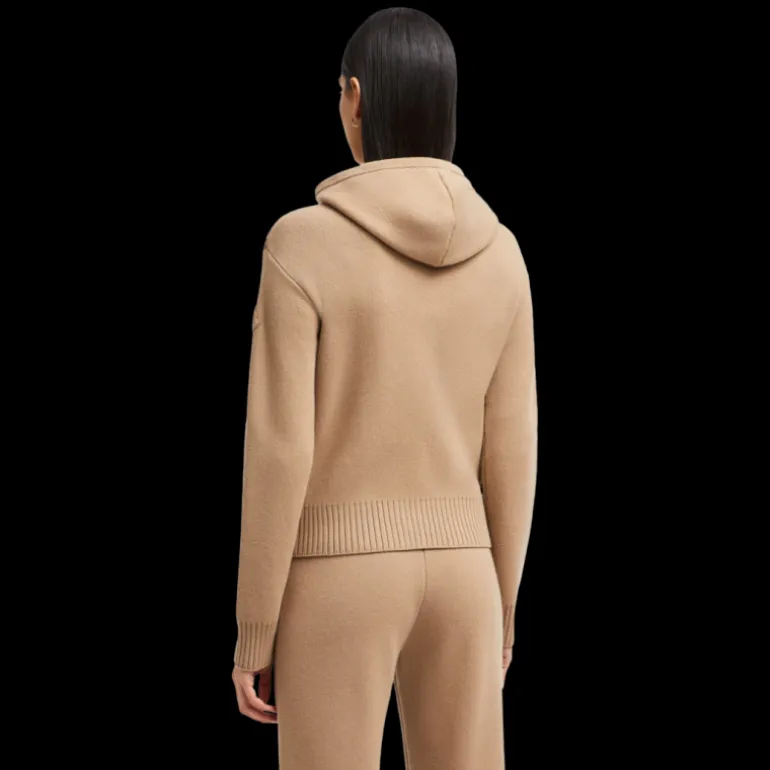 Cardigan zippé à capuche MONCLER en laine et cachemire camel