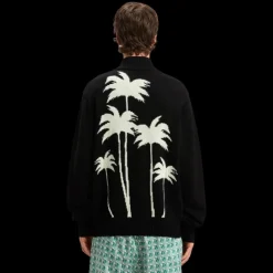 Cardigan zippé PALM ANGELS laine mérinos coton noir palmier dos blanc
