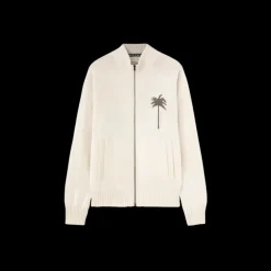 Cardigan zippé PALM ANGELS laine mérinos coton beige palmier dos gris chiné