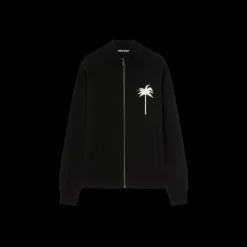 Cardigan zippé PALM ANGELS laine mérinos coton noir palmier dos blanc