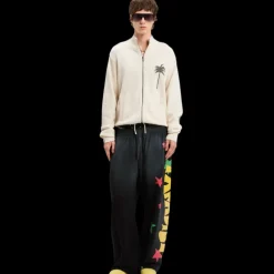 Cardigan zippé PALM ANGELS laine mérinos coton beige palmier dos gris chiné