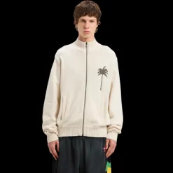 Cardigan zippé PALM ANGELS laine mérinos coton beige palmier dos gris chiné