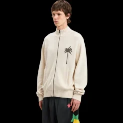 Cardigan zippé PALM ANGELS laine mérinos coton beige palmier dos gris chiné