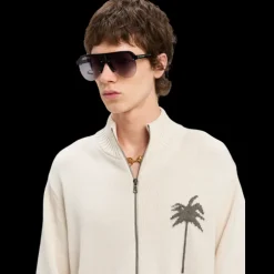 Cardigan zippé PALM ANGELS laine mérinos coton beige palmier dos gris chiné