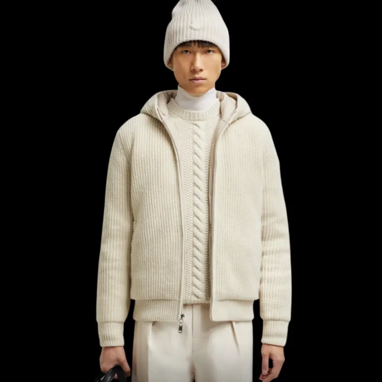 Cardigan zippé réversible MONCLER à capuche laine cachemire beige
