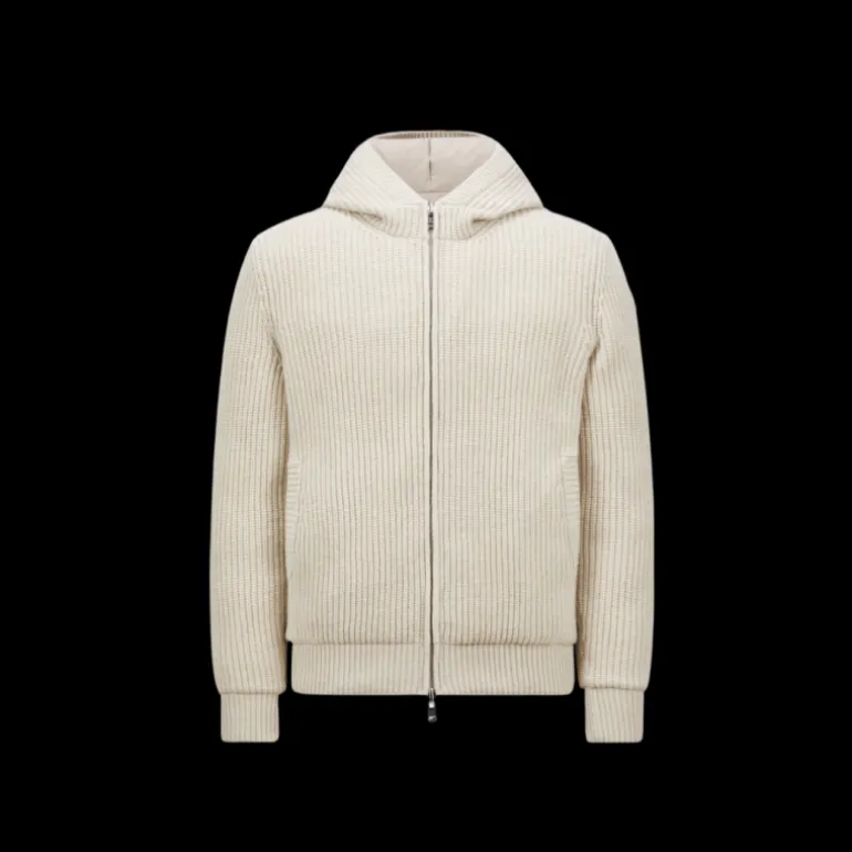 Cardigan zippé réversible MONCLER à capuche laine cachemire beige