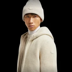 Cardigan zippé réversible MONCLER à capuche laine cachemire beige