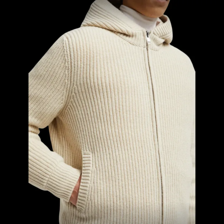 Cardigan zippé réversible MONCLER à capuche laine cachemire beige