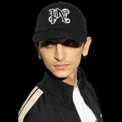 casquette PALM ANGELS coton noir motif monogrammé PA blanc
