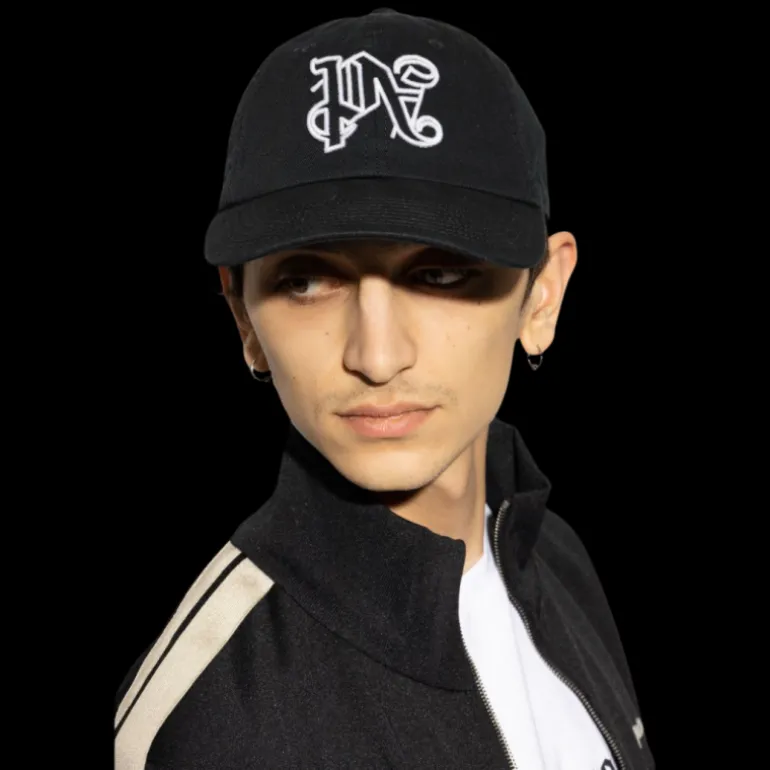 casquette PALM ANGELS coton noir motif monogrammé PA blanc
