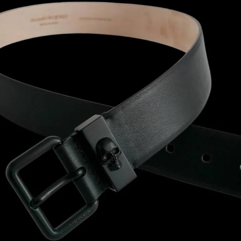 Ceinture ALEXANDER MCQUEEN cuir noir boucle métal noir tête de mort
