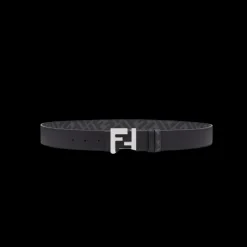Ceinture réversible FENDI cuir noir motif FF gris fermoir métal