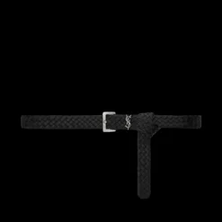 Ceinture SAINT LAURENT Cassandre cuir tressé noir YSL argent
