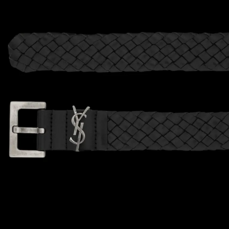 Ceinture SAINT LAURENT Cassandre cuir tressé noir YSL argent