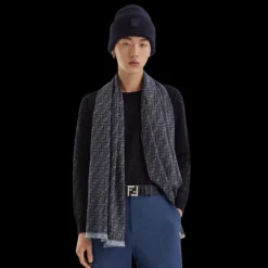 Écharpe FENDI jacquard micro FF laine bleu jean franges