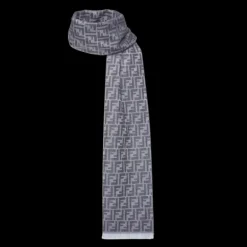 Écharpe FENDI jacquard micro FF laine bleu jean franges