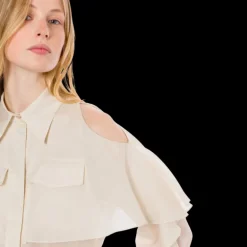 Chemise ALBERTA FERRETTI manche longue cape mousseline coton beige volants