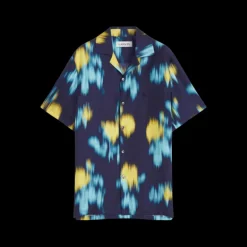 Chemise bowling LANVIN twill de soie bleu marine imprimé fleurs floues