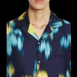 Chemise bowling LANVIN twill de soie bleu marine imprimé fleurs floues