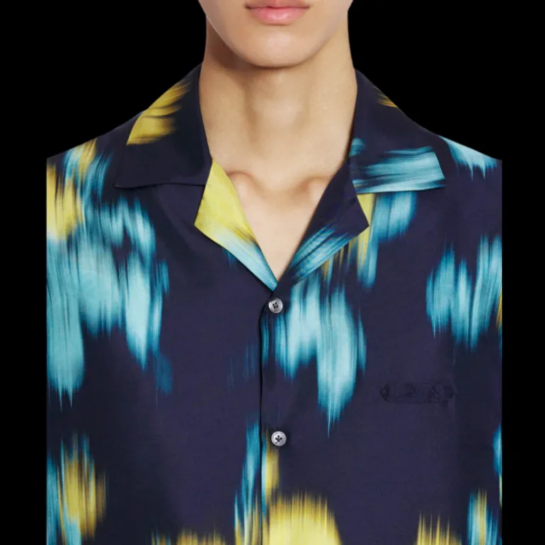 Chemise bowling LANVIN twill de soie bleu marine imprimé fleurs floues