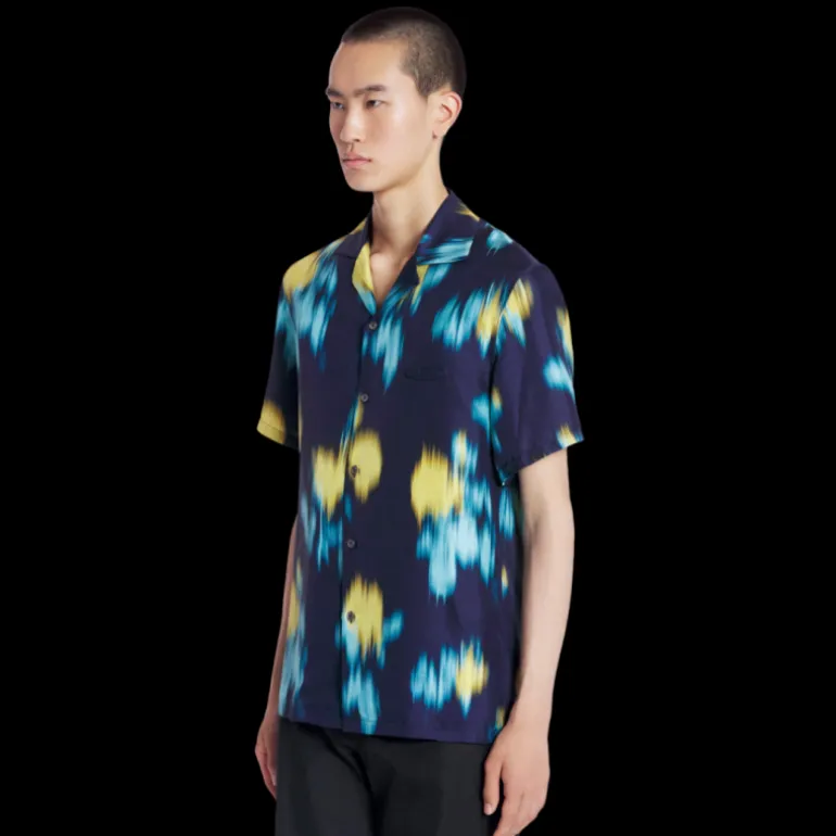 Chemise bowling LANVIN twill de soie bleu marine imprimé fleurs floues