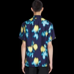 Chemise bowling LANVIN twill de soie bleu marine imprimé fleurs floues