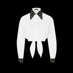 Chemise courte  DOLCE & GABBANA à nouer coton blanc poignet col noir pois blanc